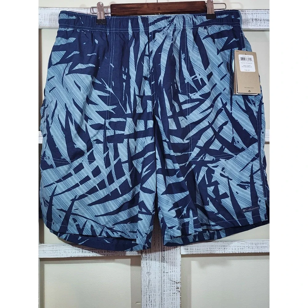 Columbia Roatan Drifter Mens Swim Trunks Blue Palm Print UPF 15 Shorts Large NWT